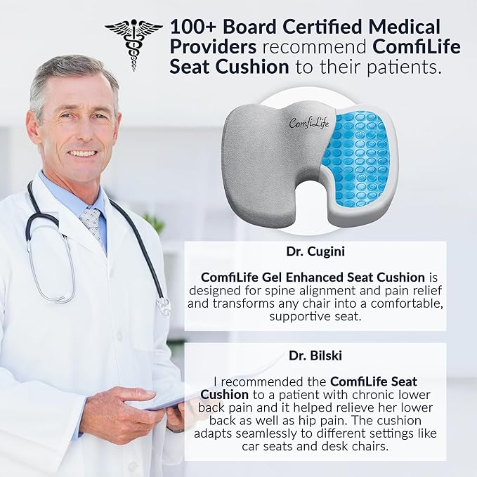 ComfiLife Gel Enhanced Seat Cushion – Office Chair Cushion – Non-Slip Gel & Memory Foam Coccyx Cushion for Tailbone Pain - Desk Chair Car Seat Cushion Driving - Sciatica & Back Pain Relief (Gray)