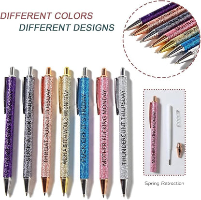 7pcs funny pens for adults, Seven Days of The Week Pen Describing Mentality,Glitter Ballpoint Pens,Black Ink Medium Point 1.0 mm Gift Pens, Cute Pens Office Supplies for Women