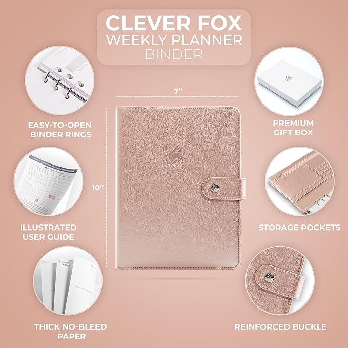 Clever Fox Weekly Planner Binder – Goal Setting Planner for Time Management & Weekly Tasks – Work & Life Organizer with to Do List & Habit Tracker – Undated, 7″ x 9″ Hardcover (Rose Gold)