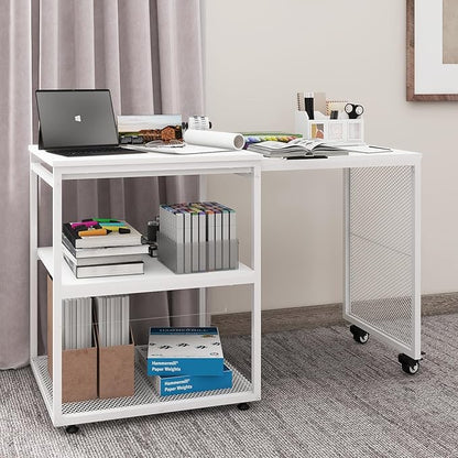 Natwind Large Printer Stand with Storage Shelves,Extendable Home Craft Table,Home Office Organization Desk, Versatile Table for Home Office, Kitchen, Study Room, Living Room (White)