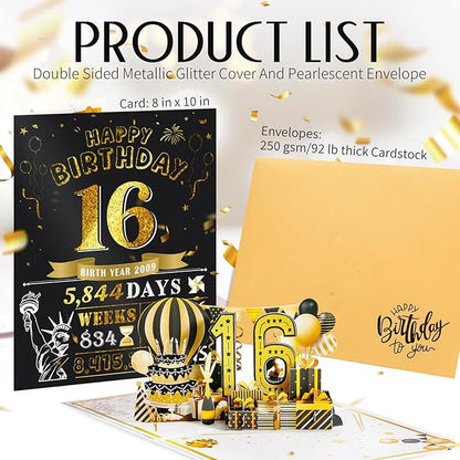 16th Birthday Card for Girl Boy, Jumbo Pop Up Sweet 16th Birthday Cards for Son Daughter, Happy 16th Birthday Decorations for 16 Year Old Girls Boys Funny Birthday Gifts, Review of 2009, Black Gold