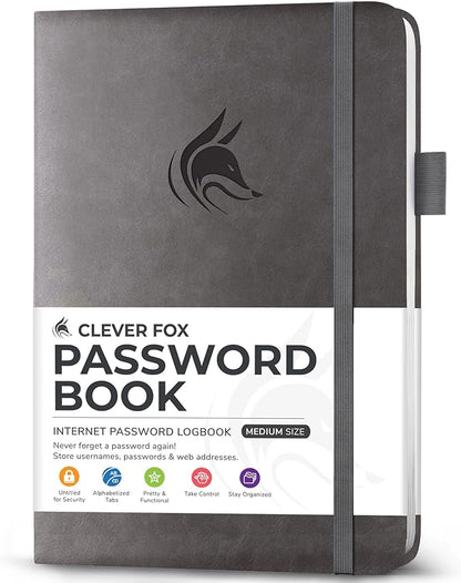 Clever Fox Password Book with Alphabetical tabs. Internet Address Organizer Logbook. Medium Password Keeper for Website Logins (Gray)