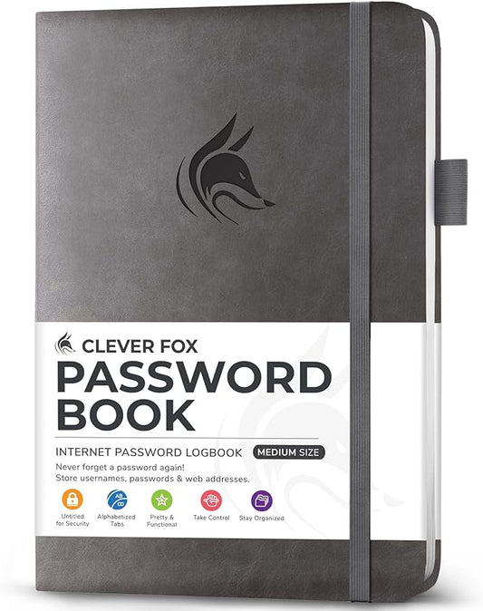 Clever Fox Password Book with Alphabetical tabs. Internet Address Organizer Logbook. Medium Password Keeper for Website Logins (Gray)