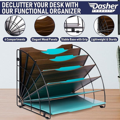 Dasher Products Fan-Shaped Office Desk Organizer, 6 Compartments with Wood-Patterned Shelves for Storing Paper, Bills, Letters, and Office Supplies. Multi-Functional Desk Organizers and Accessories