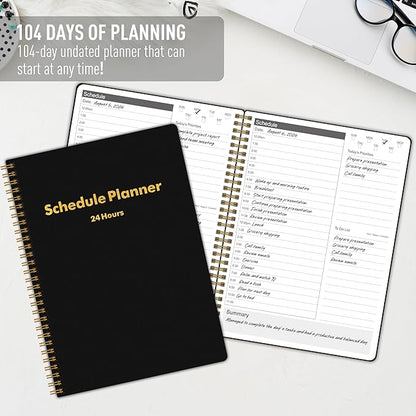 24 Hour Schedule Daily Planner - Undated To Do List Notebook with Hourly Schedule, 7" x 10", Spiral Organize Your Tasks and Appointments for Work, School, and Home - Black