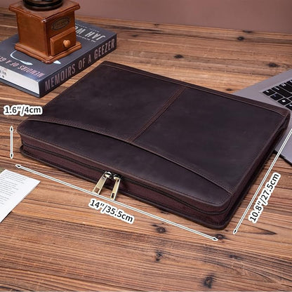 Handmade Crazy-Horse Leather Padfolio Portfolio, Easy to Carry with A Zippered Closure, Business Organizer Tablet Folio Folder with Letter Size Notepad, Gift for Women & Men (Dark Brown, Custom)