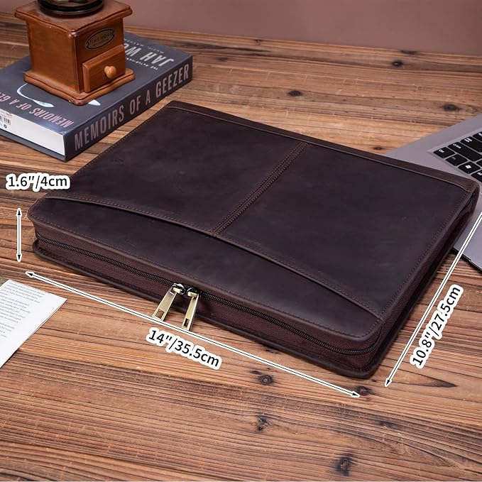 Handmade Crazy-Horse Leather Padfolio Portfolio, Easy to Carry with A Zippered Closure, Business Organizer Tablet Folio Folder with Letter Size Notepad, Gift for Women & Men (Dark Brown)