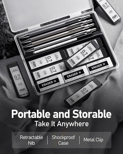 Four Candies 0.7mm Mechanical Pencil Set with Case - 4PCS Metal Mechanical Pencils, 8 Tubes HB #2 Lead Refills, 3PCS 4B Erasers and 9PCS Eraser Refills, Lead Mechanical Pencils for Writing & Drawing