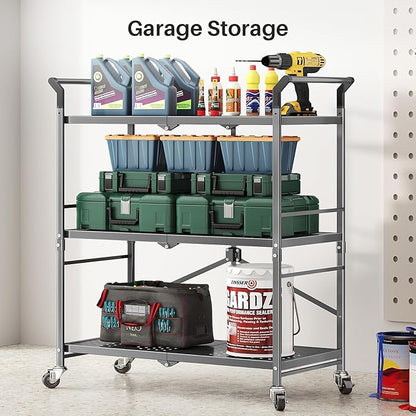 Rolling Utility Cart Folding Cart with Wheels - 3 Tier Collapsible Metal Cart, Large Capacity