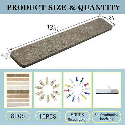 8Pcs Bulletin Board Strips, Camel-Brown Felt Pin Board Bar Strips with 50 Pushpins, Self-Adhesive Felt Cork Board Strips for Wall to Display Your Notes, Photos, Schedules, Announcements