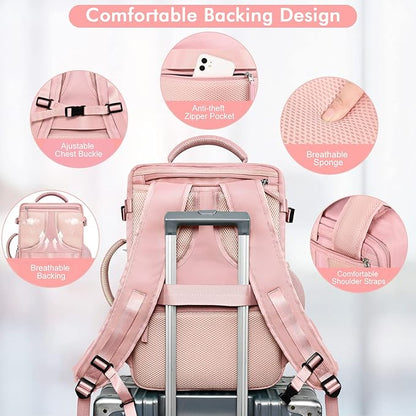 Travel Backpack for Women, TSA-Friendly Carry-on Backpack Bag Luggage Airline Approved, Personal Item Backpack for Work Business College, Travel Essentials, Pink