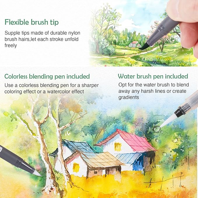 Watercolor Pens Set, 48-Color Dual Tip Paint Markers, Water-Based Coloring Markers with 1 Aquapen, 2 Colorless Blenders, 1 Black Marker, and 12-Page Pad, Art Supplies for Artists & Beginners