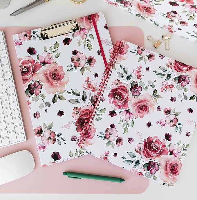 Steel Mill & Co Cute Large Spiral Notebook College Ruled, 11" x 9.5" with Durable Hardcover and 160 Lined Pages, Rose Floral