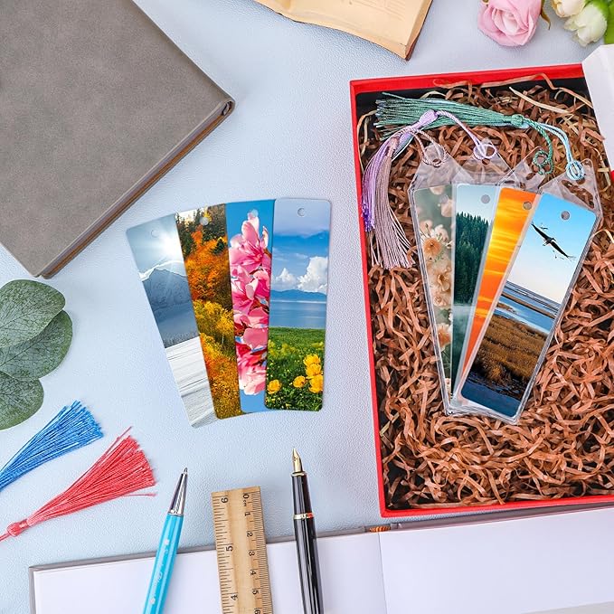 50 Sets Sublimation Blank Bookmarks Double Sided with Colorful Sleeves Tassels,Clear Bookmark and Self-Sealing Bags,Heat Transfer Metal Aluminum DIY Bookmark with Hole