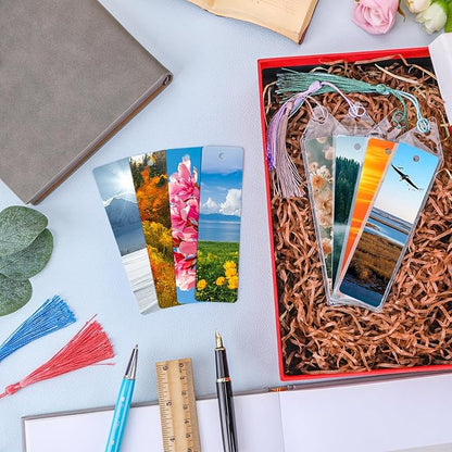 50 Sets Sublimation Blank Bookmarks Double Sided with Colorful Sleeves Tassels,Clear Bookmark and Self-Sealing Bags,Heat Transfer Metal Aluminum DIY Bookmark with Hole