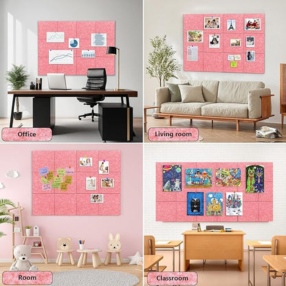 Large Cork Board Alternative - 12 Pack Felt Wall Tiles Office Decor Cork Board for Office, Cork Boards for Walls, Pink Bulletin Board Pin Board with Safe Adhesive for Office/Home/School