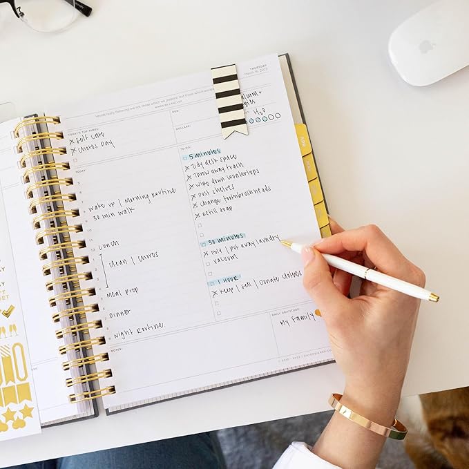 Day Designer 2025 Daily Planner – Premium Planner for Stylish Organization. Combines Monthly Calendar, Hourly Schedule, To-Do List, Gratitude, Goal Setting, Inspirational Quotes, Stickers & More. Elegant laminated Cover with Gold Accents (Black Stripe)