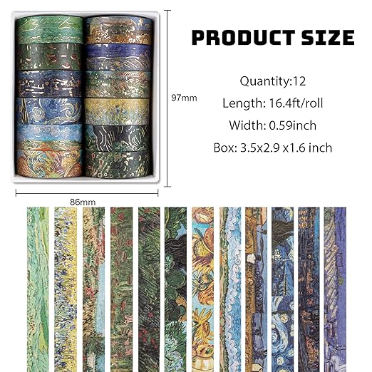 Lychii Washi Tape Set, 12 Rolls Gold Foil Van Gogh Oil Painting Patterns 5M/16.4Ft Long Decorative Masking Tapes for Planners, Calendar, Scrapbook, Journal - 15 mm