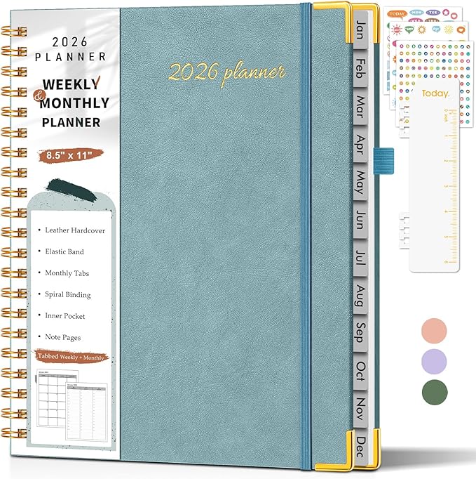 2026 Planner, Weekly and Monthly Calendar Planner from January 2026 - December 2026, 8.5" x 11" Hardcover Leather Hourly Appointment Book with Tabs, Spiral Daily Planners for College School Work Home,Blue