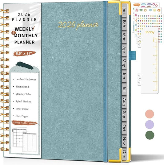 2026 Planner, Weekly and Monthly Calendar Planner from January 2026 - December 2026, 8.5" x 11" Hardcover Leather Hourly Appointment Book with Tabs, Spiral Daily Planners for College School Work Home,Blue