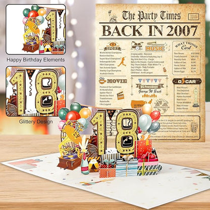 18th Birthday Card for Girls Boys, 3D Pop Up 18th Birthday Gifts Cards, Happy 18 Birthdays Decorations for 18 Year Old Son Daughter, Funny Back In 2007, Classy Vintage