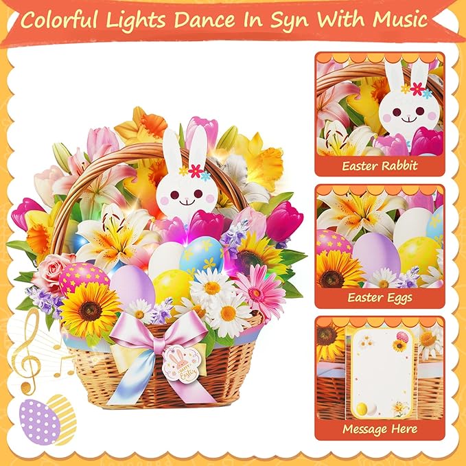 3D Pop Up Easter Flower Basket Card with Music & Lights – Bunny, Eggs, Lily, Tulip, Daisy Bouquet – Envelope Included – Easter Gift & Decoration