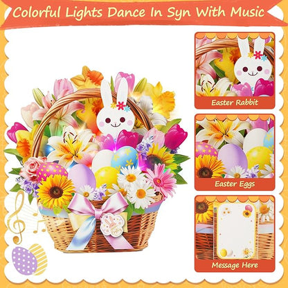 3D Pop Up Easter Flower Basket Card with Music & Lights – Bunny, Eggs, Lily, Tulip, Daisy Bouquet – Envelope Included – Easter Gift & Decoration