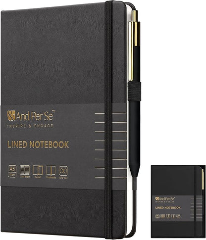 A5 Lined Leather Journal and Pen Set, Hardcover Notebook with Pen, 160 Pages 100gsm Thick Ruled Paper for Men Women, for Work, Business, School or Home Writing, 5.7'' x 8'', Gift Box Included(Black)