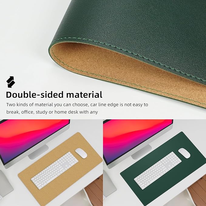 AFIING Dual-Sided Desk Pad, Natural Cork & PU Leather Large Mouse mats for Office and Home Work, Desk Protector Non-Slip, Waterproof, Easy Clean (Dark Green, 23.6" x 13.7")