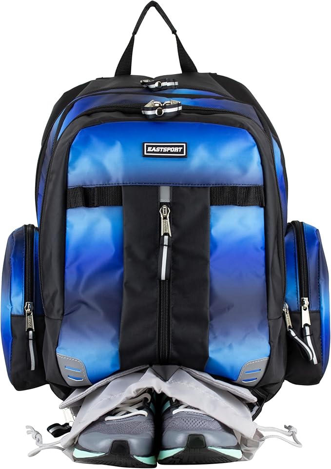 Eastsport Extra Large Backpack Expandable Oversized For Travel Hiking Work Camping Sports Outdoors With Drawstring Bag 18x13.5x9.5 Mochila De Viaje Blue Ombre Black