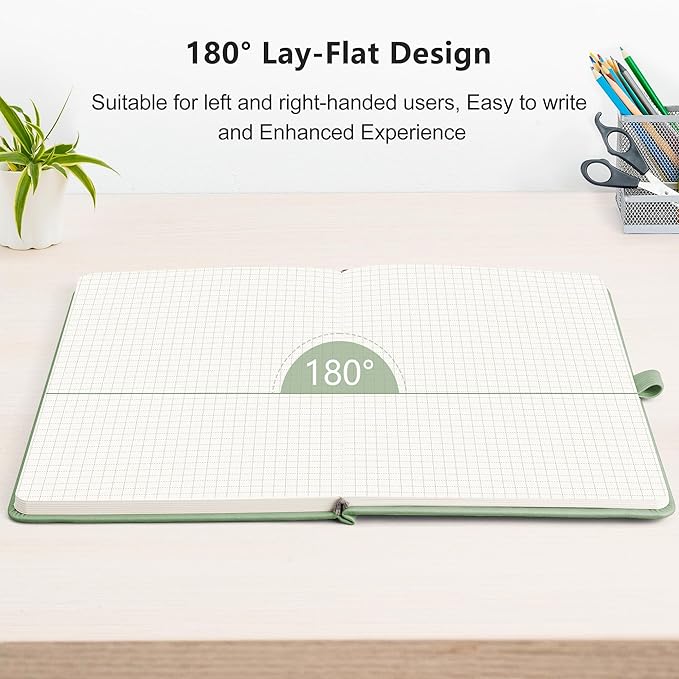 RETTACY Graph Paper Notebook, A5 Grid Notebook Journal with 192 Pages, 5.7'' × 8.3'', Medium Size, Leather Hardcover, 100 GSM Thick Paper, for Students, Homework, Math, Engineering (Light Green)