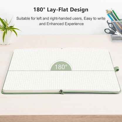 RETTACY Graph Paper Notebook, A5 Grid Notebook Journal with 192 Pages, 5.7'' × 8.3'', Medium Size, Leather Hardcover, 100 GSM Thick Paper, for Students, Homework, Math, Engineering (Light Green)