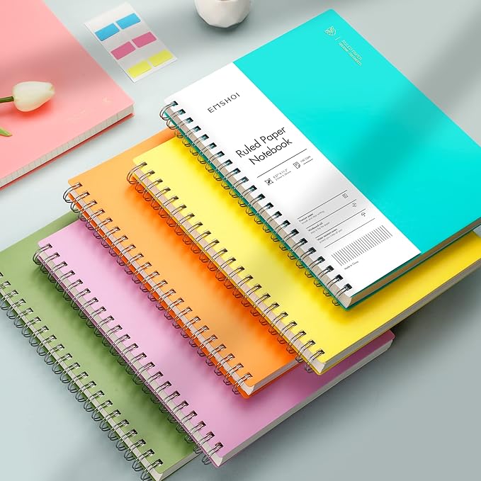 EMSHOI A4 Spiral Notebook College Ruled Lined Journal, 11.2" x 8.27", 300 Pages, 100gsm Thick Paper, Waterproof Softcover, Twin-Wire Binding, Sticky Notes, Green