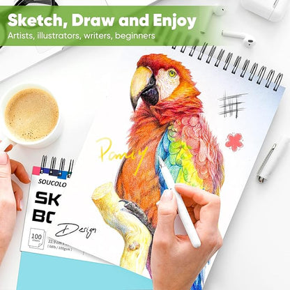 Drawing Set Sketching Kit, Pro Art Supplies, Soucolor 9" x 12" Sketch Book, 1-Pack 100 Sheets Spiral Bound Art Sketchbook for Colored Pencils, Graphite, Charcoal, Metallic Pencils, Sketching Pencils