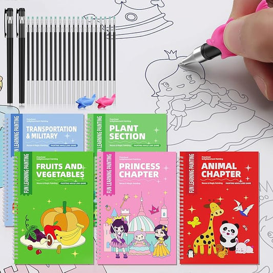 WANFRES Grooved drawing book for kids age 3-8,Sketchbook for kids who love to draw,Grooved handwriting practice for Kids,Reusable grooved Handwriting workbooks,Childrens drawing book(5 Books with pen)