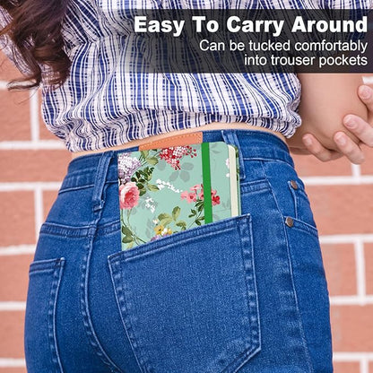 Small Notebook, Mini Pocket Journal A6 5.7" x 3.9", Leather Hardcover Journal with Pen Holder, 160 Thick Papers, Cute Lined Notebook Small Notepad for Women Writing Work Travel, Graceful Peony