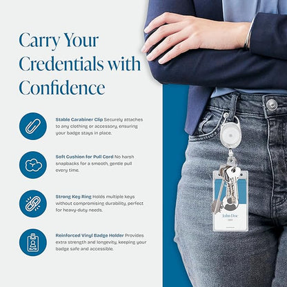 Will Well ID Badge Holders with Clip and Keyring - Vertical Clear Plastic 3.7" x 2.5" Sleeves Fit Up to 3 Cards - Retractable 24" UHMWPE Fiber Pull Cords - 2-Pack, Transparent White Reels