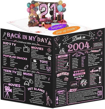 21st Birthday Card for Girls Her, Jumbo 3D Pop Up 21st Birthday Gifts, Back In 2004 Happy 21 Year Old Birthday Decorations Cards Card for Daughter Granddaughter, Rose Gold