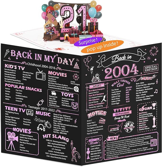 21st Birthday Card for Girls Her, Jumbo 3D Pop Up 21st Birthday Gifts, Back In 2004 Happy 21 Year Old Birthday Decorations Cards Card for Daughter Granddaughter, Rose Gold