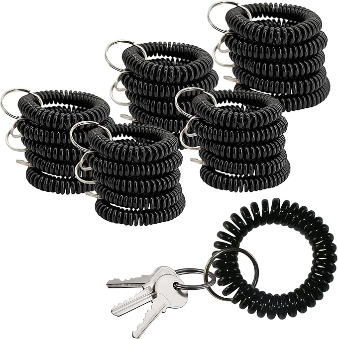 25PCS Keychain Wristlet Wrist Keychain Wristband Elastic Stretchable Spiral Bracelet Key Hook Key Holder for Gym Pool Spring Spiral Coil Black