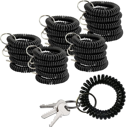 25PCS Keychain Wristlet Wrist Keychain Wristband Elastic Stretchable Spiral Bracelet Key Hook Key Holder for Gym Pool Spring Spiral Coil Black