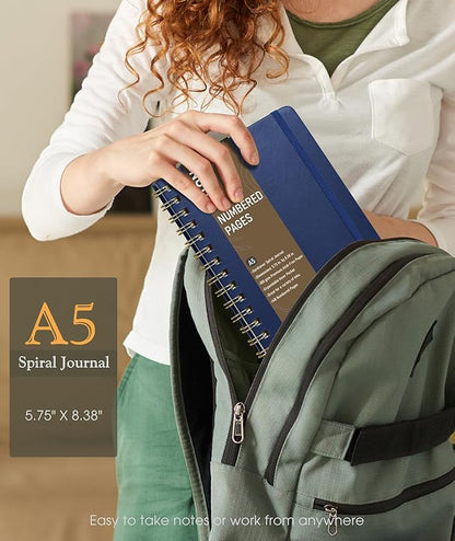 Lined Spiral Journal Notebook, A5 Hardcover Spiral Journals for Women Men, 150 Numbered Pages Spiral Bound Notebook, 100 GSM College Ruled Notebooks for Writing Note Taking 5.75" x 8.38", Navy Blue