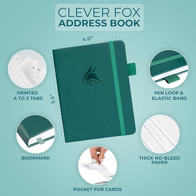 Clever Fox Address Book with alphabetic tabs - PU Leather Telephone and Address Book for Keeping Contacts Safe, Contact Organizer Journal, Small Size (4.0″ x 5.5″), Hardcover, Dark Teal