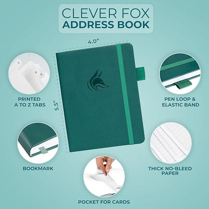 Clever Fox Address Book with alphabetic tabs - PU Leather Telephone and Address Book for Keeping Contacts Safe, Contact Organizer Journal, Small Size (4.0″ x 5.5″), Hardcover, Dark Teal