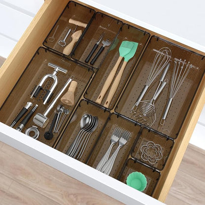 28 PCS Clear Plastic Drawer Organizers Set, 4 Size Desk Drawer Organizer Trays for Makeup, Jewelry, Kitchen Utensils, Gadgets and Office Accessories, Black