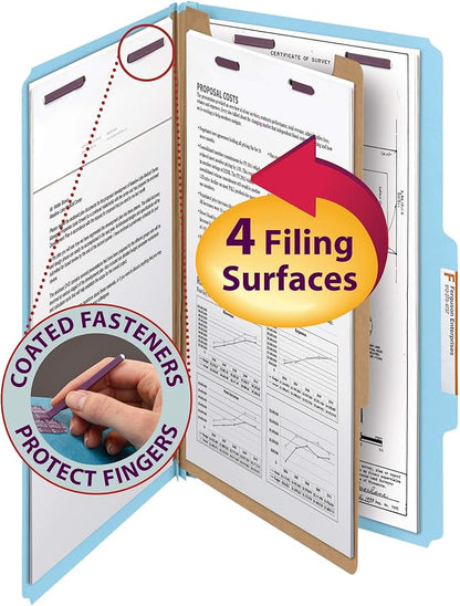 Smead Pressboard Classification File Folder with SafeSHIELD Fasteners, 1 Divider, 2" Expansion, Legal Size, Blue, 10 per Box (18730)