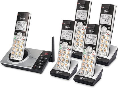 AT&T CL82507 DECT 6.0 5-Handset Cordless Phone for Home with Answering Machine, Call Blocking, Caller ID Announcer, Intercom and Long Range, Silver (CL82507)