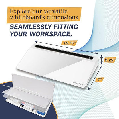 15-Inch Desktop Whiteboard - Glass Dry Erase Board for Desk Whiteboard with Stand with 3 Markers, Spray Bottle, 3 Cable Holders & Storage Box Work from Home Office Gadgets, White