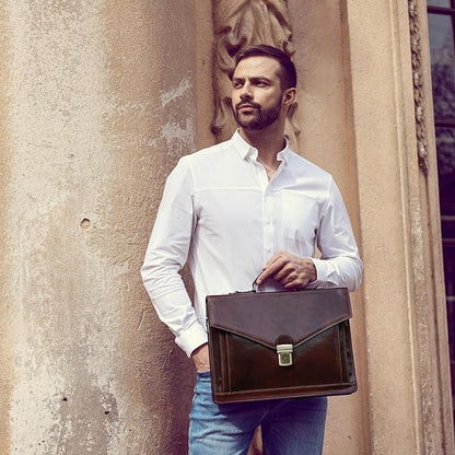 Time Resistance Leather Briefcase for Men - Business Laptop Bag - Italian Handmade Leather Bag - Attache - Gift Box Included