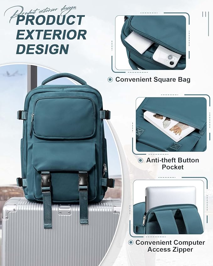 Carry On Backpack, Travel Backpack for Women Men Flight Approved, Personal Item Travel Bag for Airplanes, 14-15.6 Inch Laptop Business Backpack, Casual Daypack Gym Hiking Bakpack Peacock Blue(Small)